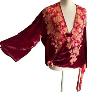 Zara Burnout Red Velvet Kimono Wrap Blouse Whimsigoth Fairy Goth Top Medium